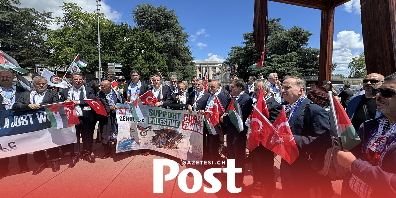 HAK-İŞ, BM Cenevre Ofisi önünde Filistin'e destek gösterisi düzenledi