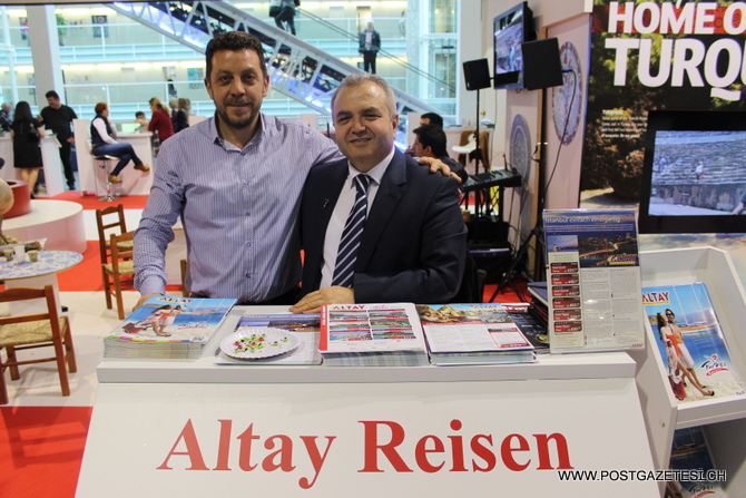 Türk Turizmine büyük katkıda bulunan Altay Reisen Zürich‘in sahibi Turizmci Mehmet Göktaş (sağda); Ülkemizin ekonomik geleceği için uluslararası arenada yapılan fuarların öneminin büyüklüğüne değindi.